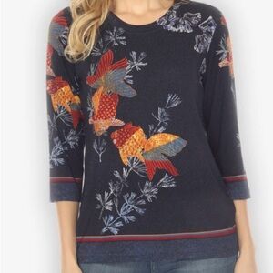 Citron Navy Sweater with Colorful Fish Design